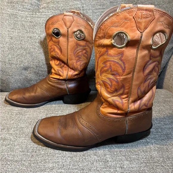 Justin Square Toe Men's Brown & Orange Western Cowboy Boots Size 12D - Picture 4 of 12